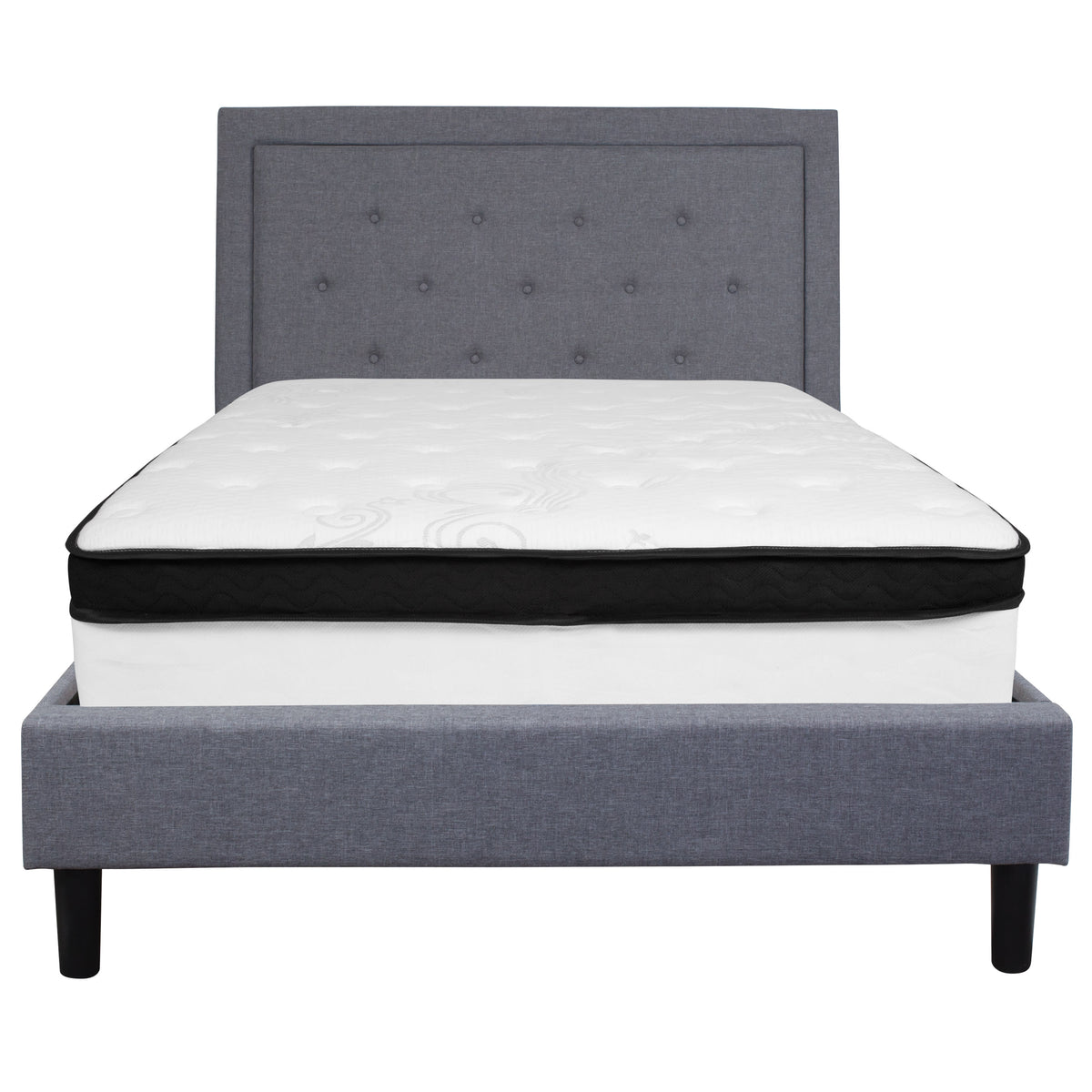 Light Gray,Full |#| Full Size Panel Tufted Light Gray Fabric Platform Bed with Memory Foam Mattress