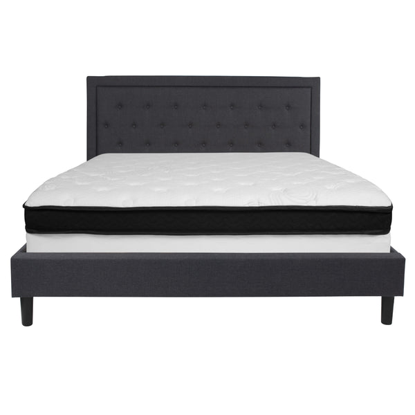 Dark Gray,King |#| King Size Panel Tufted Dark Gray Fabric Platform Bed with Memory Foam Mattress