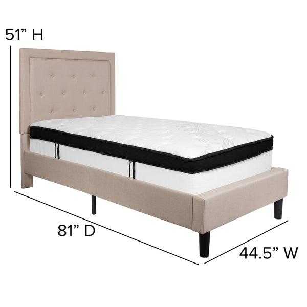 Beige,Twin |#| Twin Size Panel Tufted Beige Fabric Platform Bed with Memory Foam Mattress