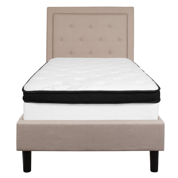 Beige,Twin |#| Twin Size Panel Tufted Beige Fabric Platform Bed with Memory Foam Mattress