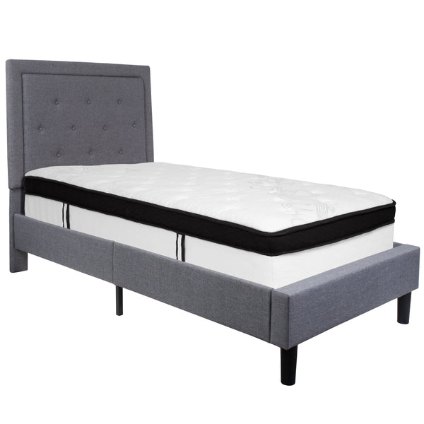 Light Gray,Twin |#| Twin Size Panel Tufted Light Gray Fabric Platform Bed with Memory Foam Mattress