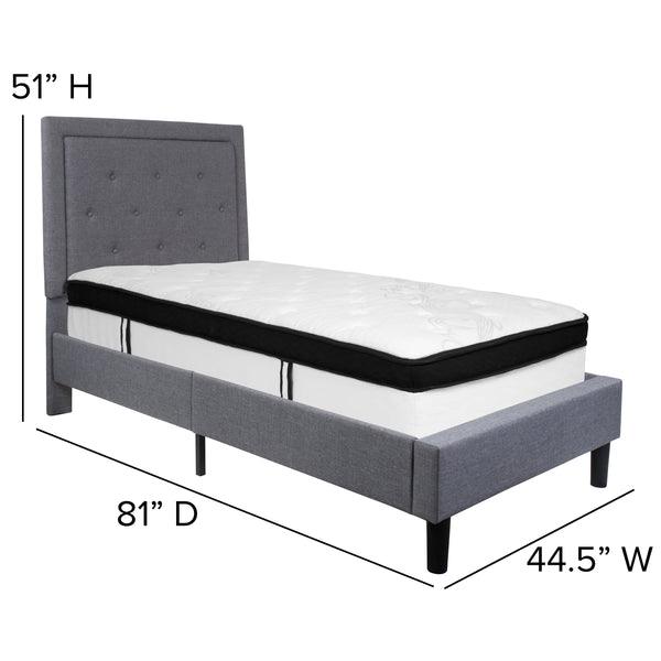 Light Gray,Twin |#| Twin Size Panel Tufted Light Gray Fabric Platform Bed with Memory Foam Mattress