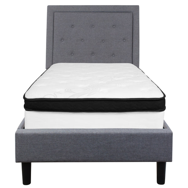 Light Gray,Twin |#| Twin Size Panel Tufted Light Gray Fabric Platform Bed with Memory Foam Mattress