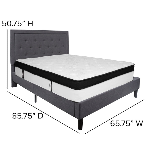 Dark Gray,Queen |#| Queen Size Panel Tufted Dark Gray Fabric Platform Bed with Memory Foam Mattress