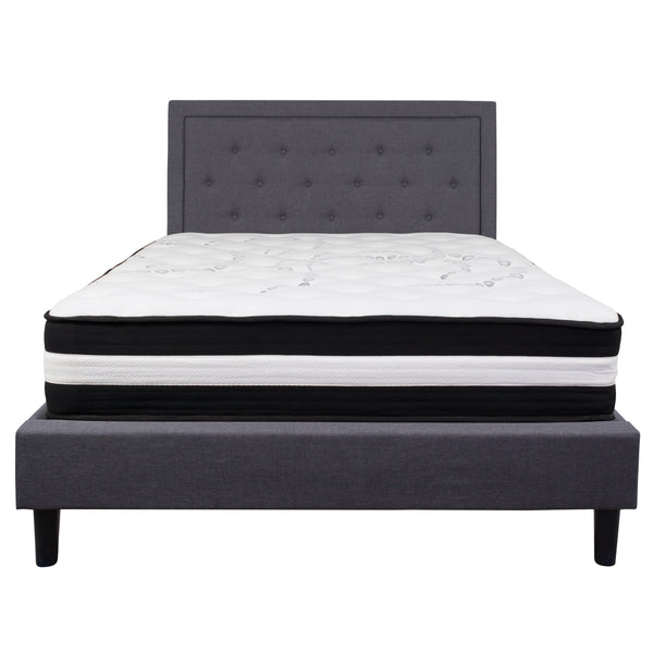 Dark Gray,Queen |#| Queen Size Panel Tufted Dark Gray Fabric Platform Bed with Memory Foam Mattress