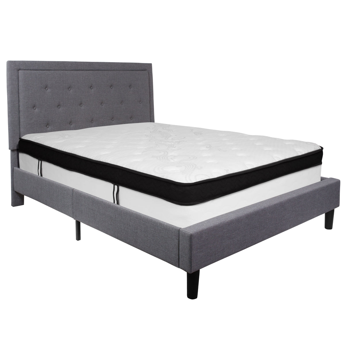 Light Gray,Queen |#| Queen Size Panel Tufted Light Gray Fabric Platform Bed with Memory Foam Mattress