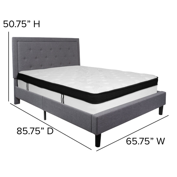 Light Gray,Queen |#| Queen Size Panel Tufted Light Gray Fabric Platform Bed with Memory Foam Mattress