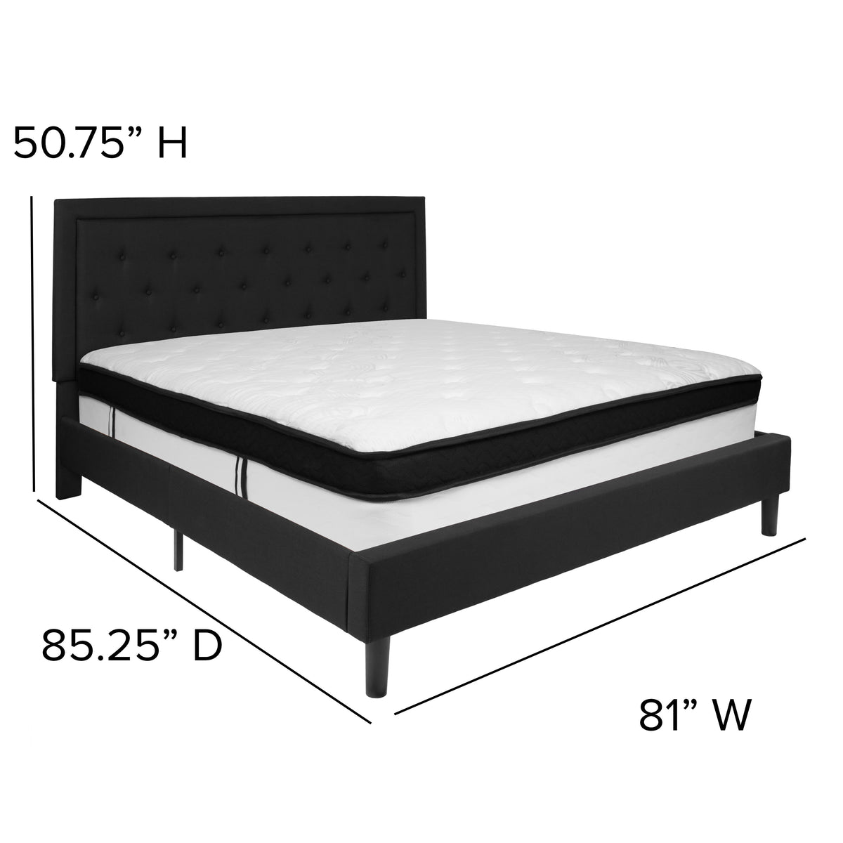 Black,King |#| King Size Panel Tufted Black Fabric Platform Bed with Memory Foam Mattress