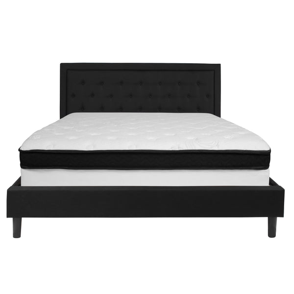 Black,King |#| King Size Panel Tufted Black Fabric Platform Bed with Memory Foam Mattress