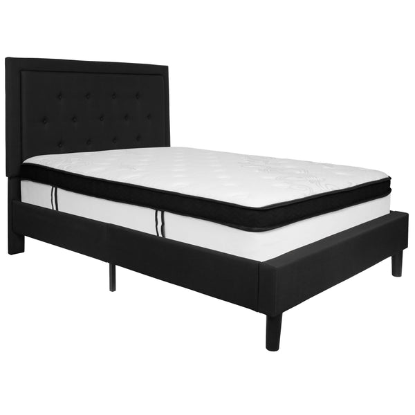 Black,Full |#| Full Size Panel Tufted Black Fabric Platform Bed with Memory Foam Mattress