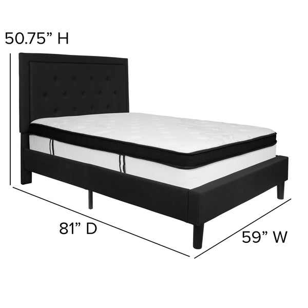 Black,Full |#| Full Size Panel Tufted Black Fabric Platform Bed with Memory Foam Mattress