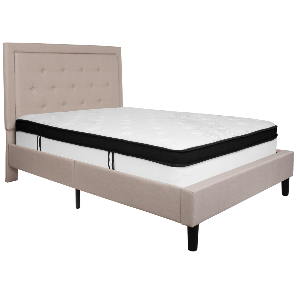 Beige,Full |#| Full Size Panel Tufted Beige Fabric Platform Bed with Memory Foam Mattress