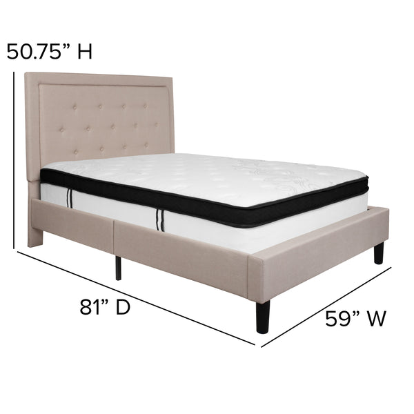 Beige,Full |#| Full Size Panel Tufted Beige Fabric Platform Bed with Memory Foam Mattress