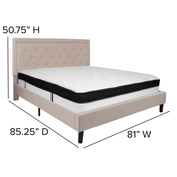 Beige,King |#| King Size Panel Tufted Beige Fabric Platform Bed with Memory Foam Mattress
