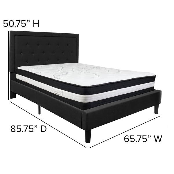 Black,Queen |#| Queen Size Panel Tufted Black Fabric Platform Bed with Pocket Spring Mattress