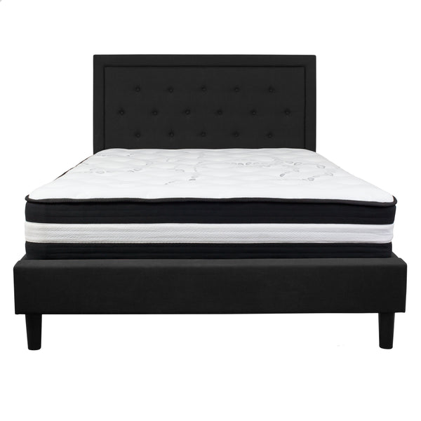 Black,Queen |#| Queen Size Panel Tufted Black Fabric Platform Bed with Pocket Spring Mattress