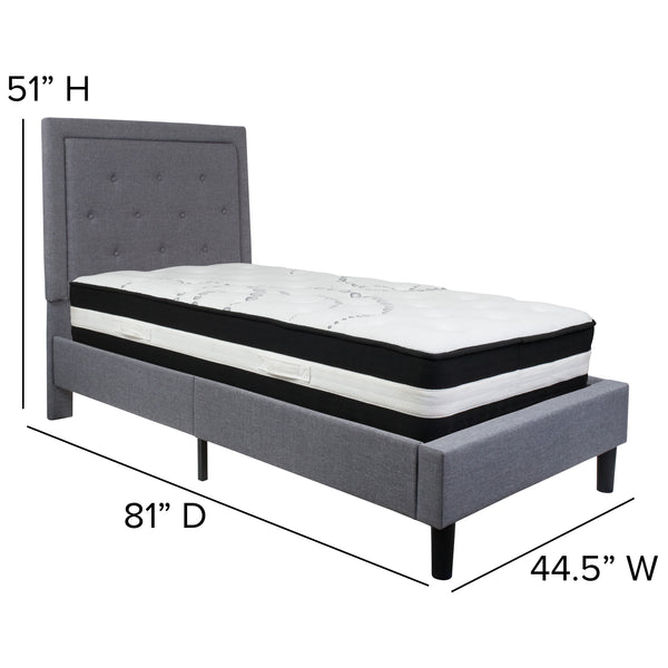 Light Gray,Twin |#| Twin Size Panel Tufted Lt. Gray Fabric Platform Bed with Pocket Spring Mattress