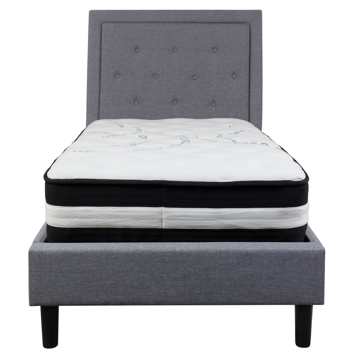 Light Gray,Twin |#| Twin Size Panel Tufted Lt. Gray Fabric Platform Bed with Pocket Spring Mattress