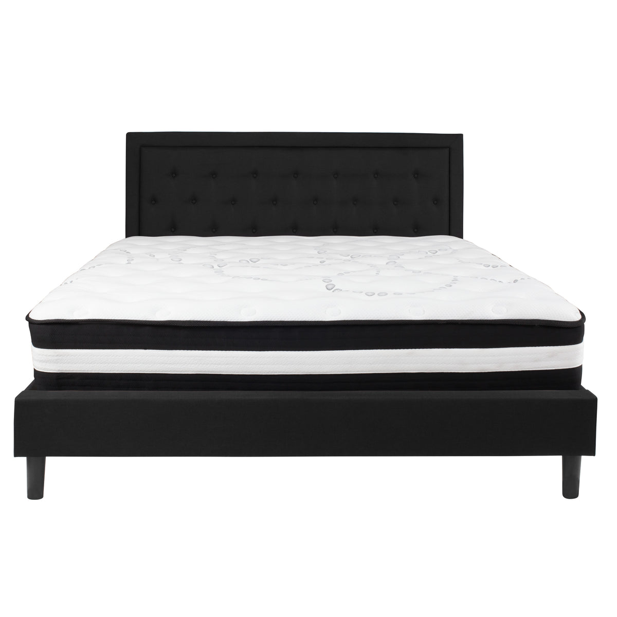 Black,King |#| King Size Panel Tufted Black Fabric Platform Bed with Pocket Spring Mattress