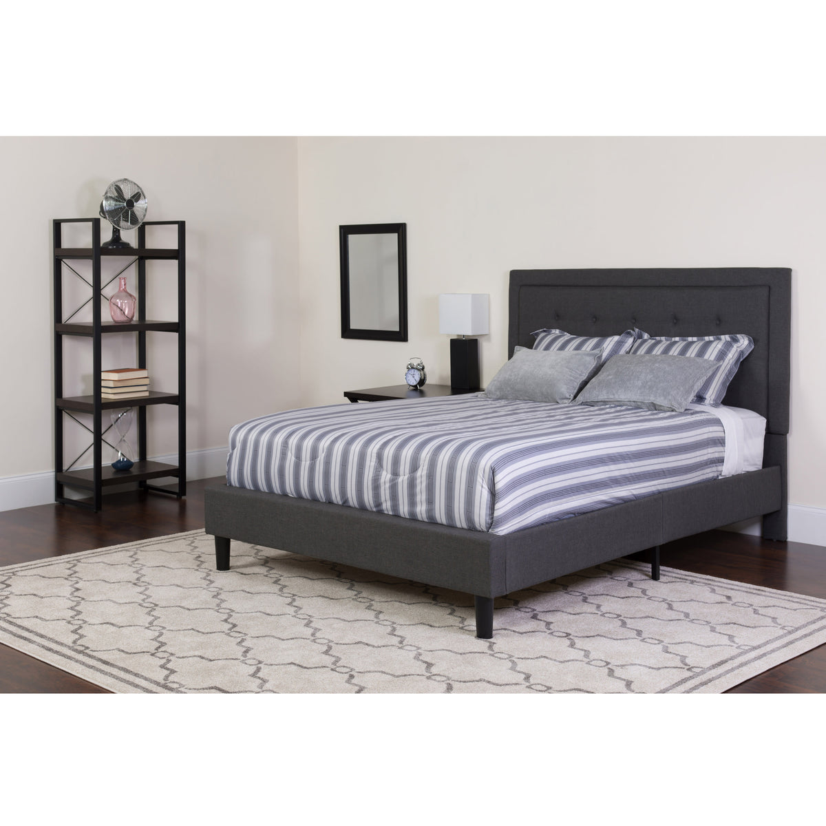 Dark Gray,Twin |#| Twin Size Panel Tufted Dk Gray Fabric Platform Bed with Pocket Spring Mattress