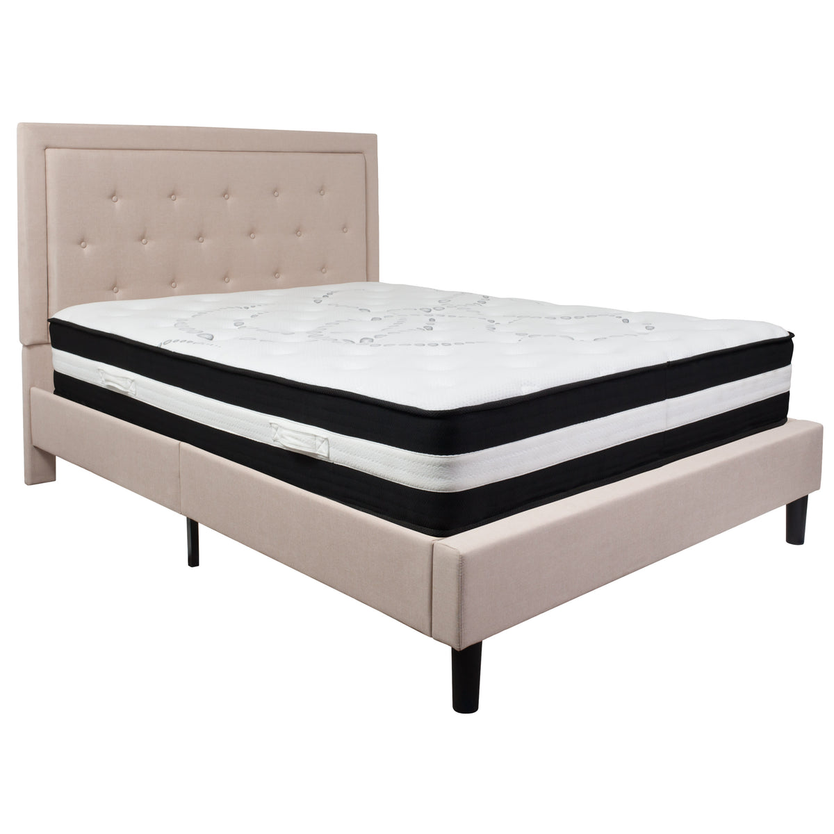 Beige,Queen |#| Queen Size Panel Tufted Beige Fabric Platform Bed with Pocket Spring Mattress