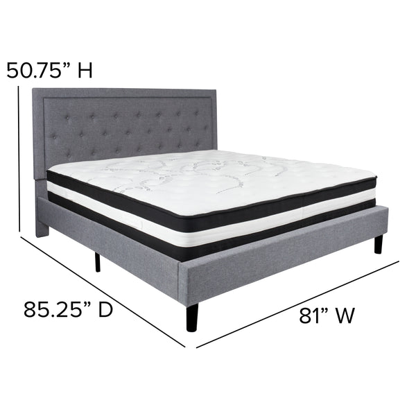 Light Gray,King |#| King Size Panel Tufted Lt Gray Fabric Platform Bed with Pocket Spring Mattress