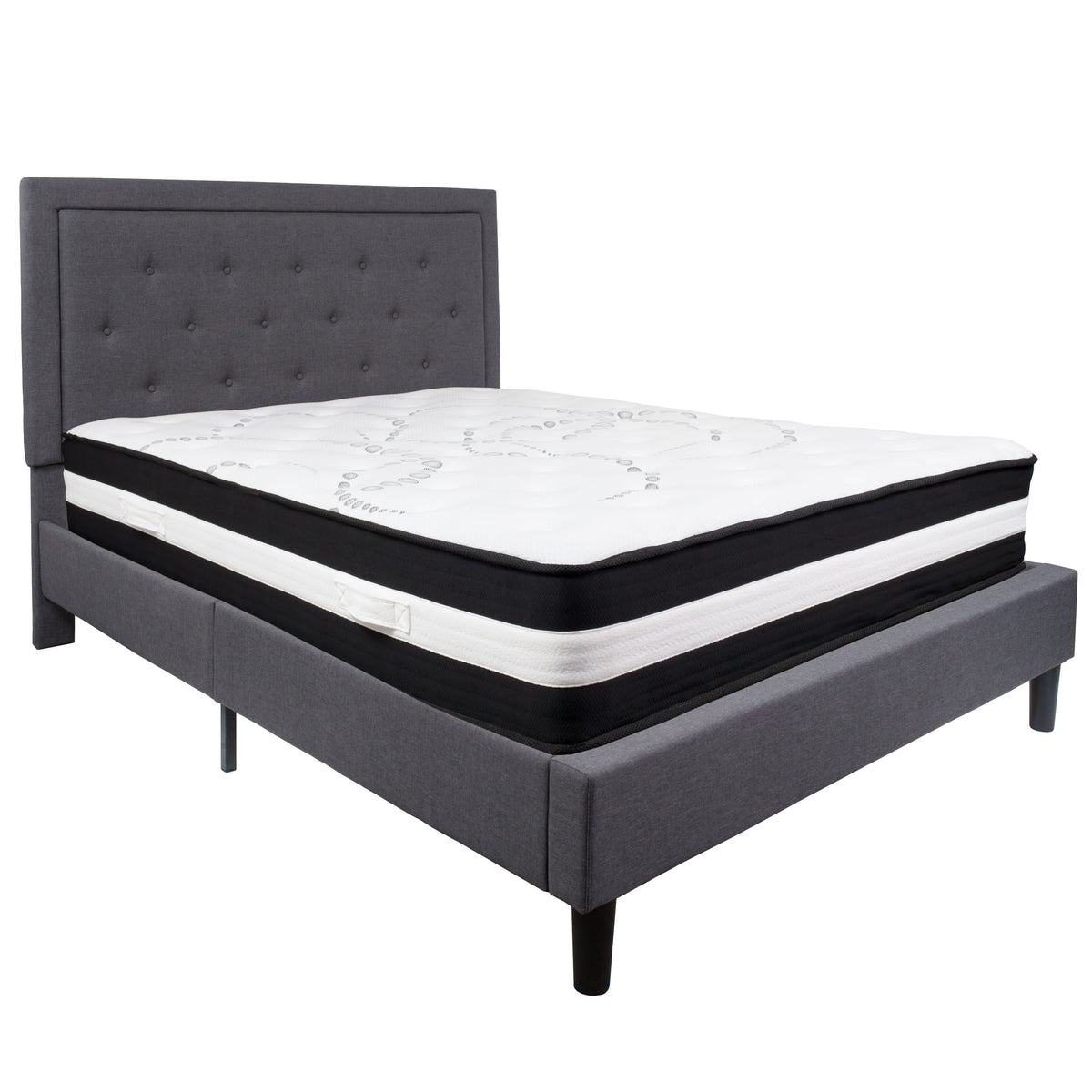 Dark Gray,Queen |#| Queen Size Panel Tufted Dk Gray Fabric Platform Bed with Pocket Spring Mattress