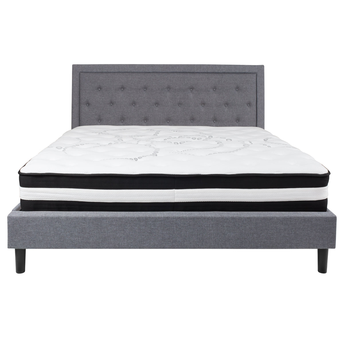 Light Gray,King |#| King Size Panel Tufted Lt Gray Fabric Platform Bed with Pocket Spring Mattress