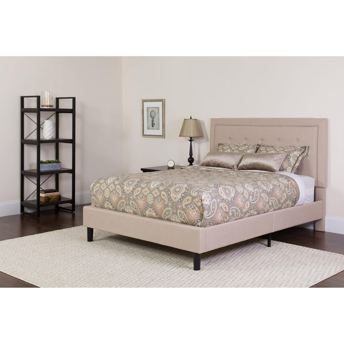 Beige,Twin |#| Twin Size Panel Tufted Beige Fabric Platform Bed with Pocket Spring Mattress