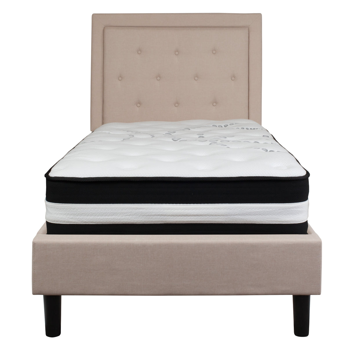 Beige,Twin |#| Twin Size Panel Tufted Beige Fabric Platform Bed with Pocket Spring Mattress