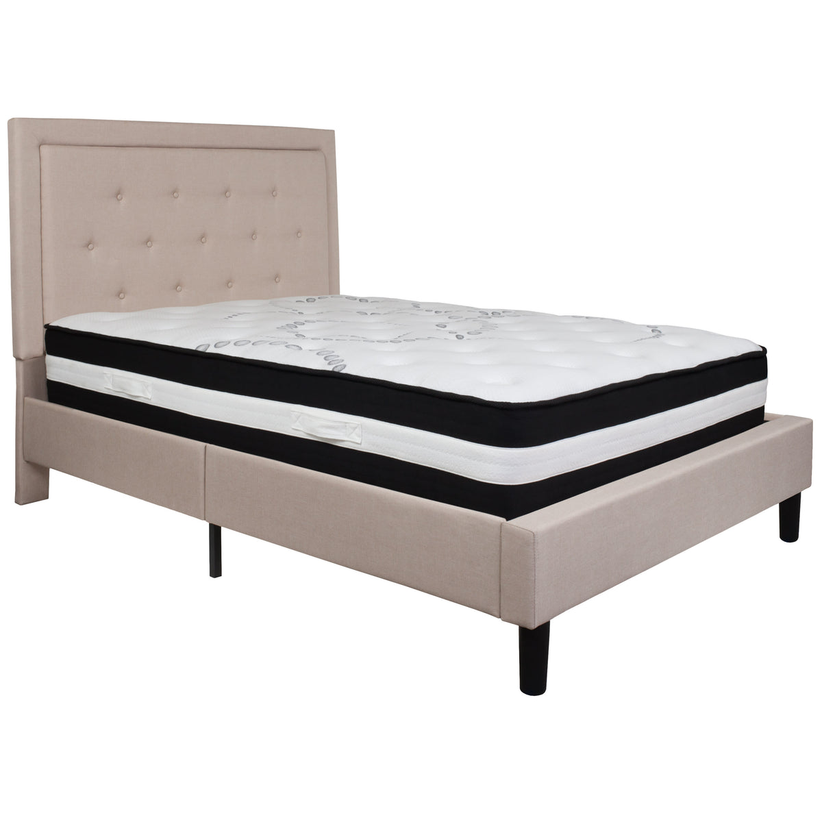 Beige,Full |#| Full Size Panel Tufted Beige Fabric Platform Bed with Pocket Spring Mattress