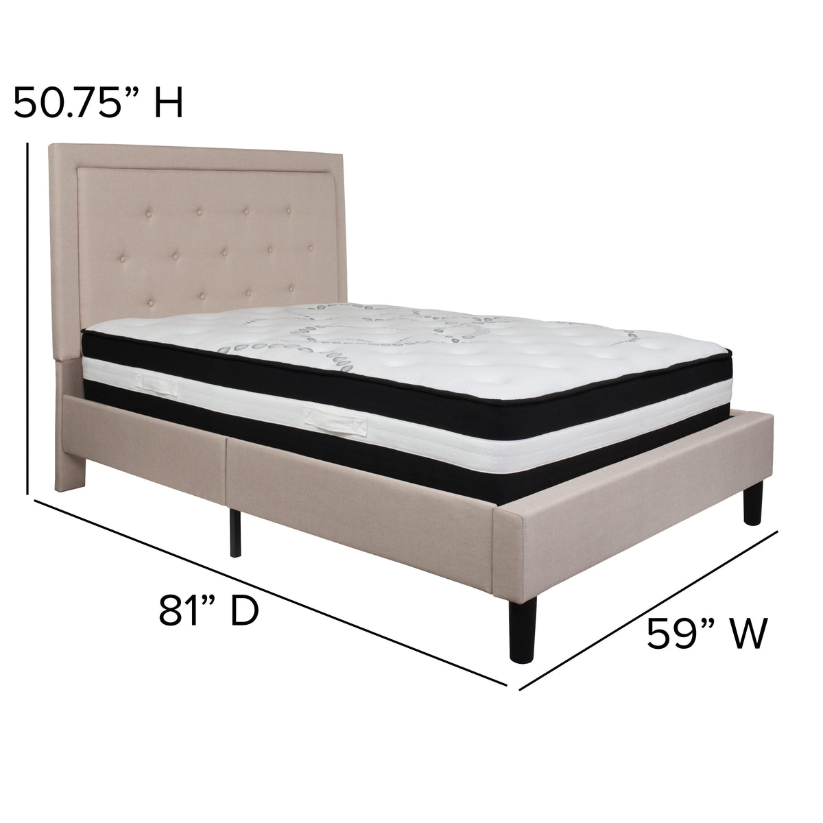 Beige,Full |#| Full Size Panel Tufted Beige Fabric Platform Bed with Pocket Spring Mattress