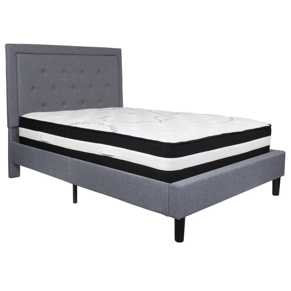 Light Gray,Full |#| Full Size Panel Tufted Lt Gray Fabric Platform Bed with Pocket Spring Mattress