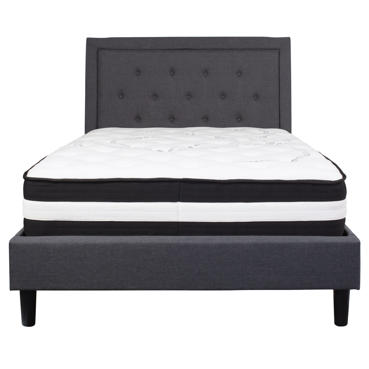 Dark Gray,Full |#| Full Size Panel Tufted Dk Gray Fabric Platform Bed with Pocket Spring Mattress