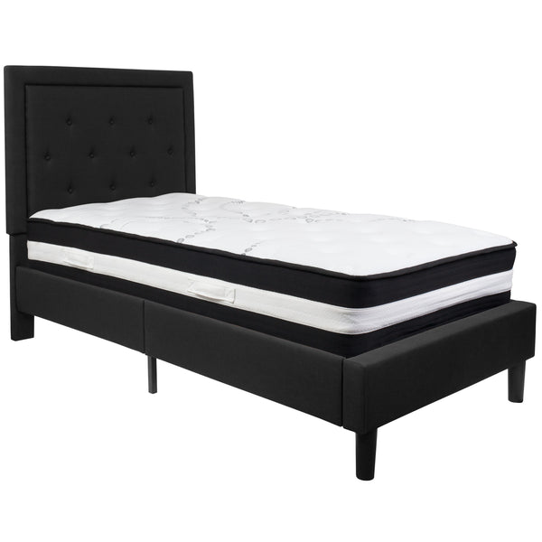 Black,Twin |#| Twin Size Panel Tufted Black Fabric Platform Bed with Pocket Spring Mattress
