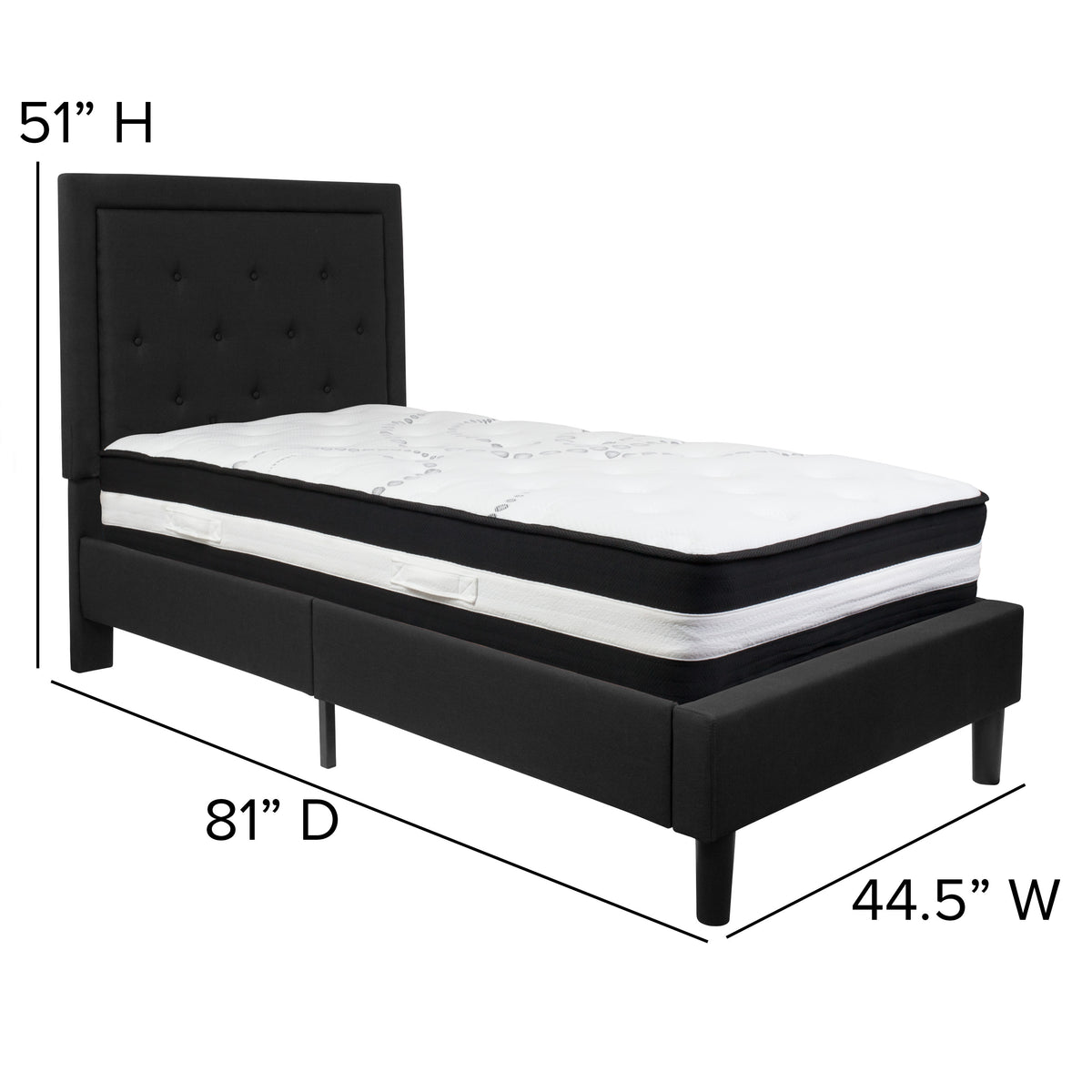 Black,Twin |#| Twin Size Panel Tufted Black Fabric Platform Bed with Pocket Spring Mattress