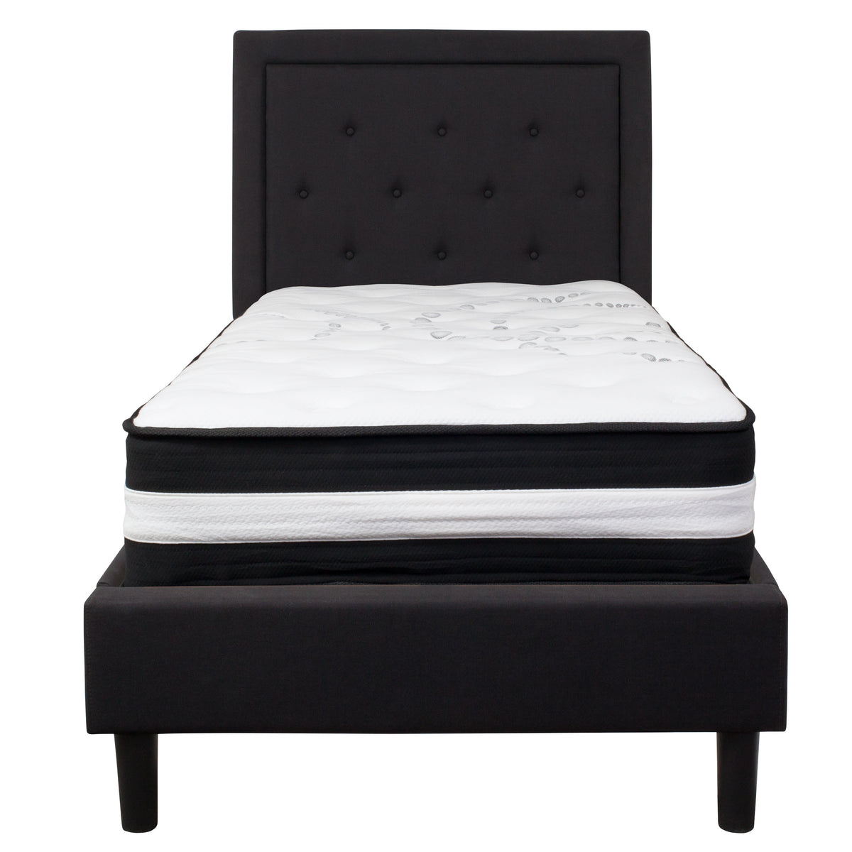 Black,Twin |#| Twin Size Panel Tufted Black Fabric Platform Bed with Pocket Spring Mattress