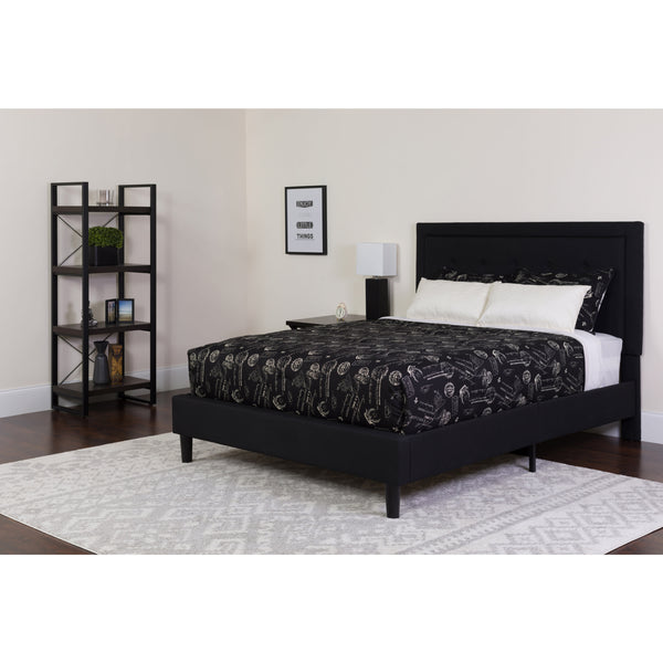 Black,Queen |#| Queen Size Panel Tufted Black Fabric Platform Bed with Pocket Spring Mattress
