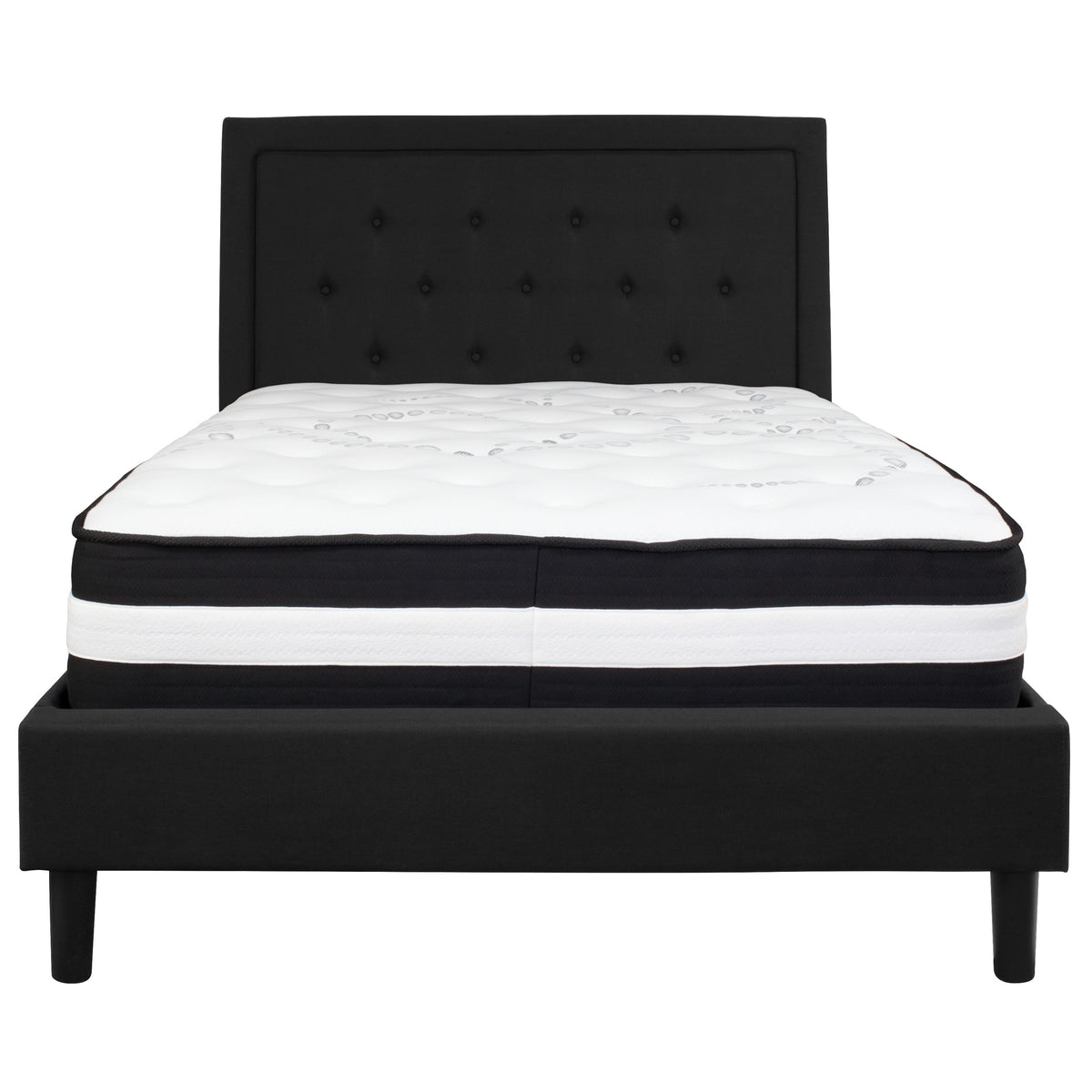 Black,Full |#| Full Size Panel Tufted Black Fabric Platform Bed with Pocket Spring Mattress
