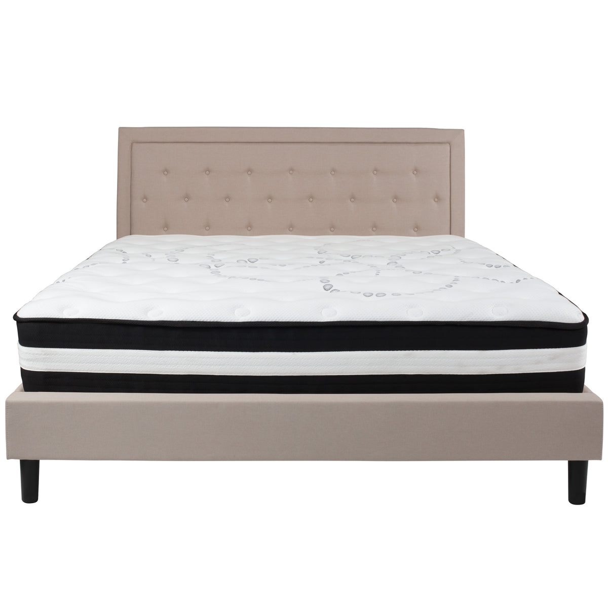 Beige,King |#| King Size Panel Tufted Beige Fabric Platform Bed with Pocket Spring Mattress