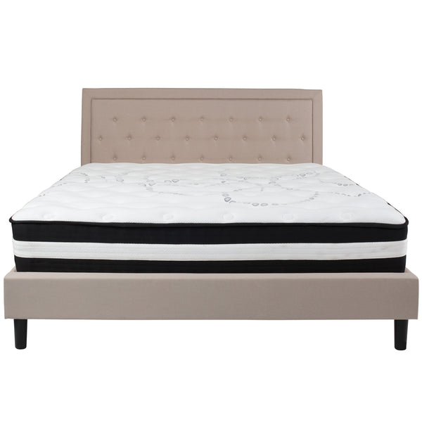 Beige,King |#| King Size Panel Tufted Beige Fabric Platform Bed with Pocket Spring Mattress