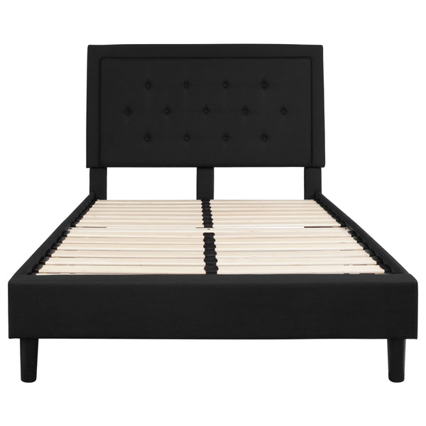 Black,Full |#| Full Tufted Platform Bed in Black Fabric with 10 Inch Pocket Spring Mattress