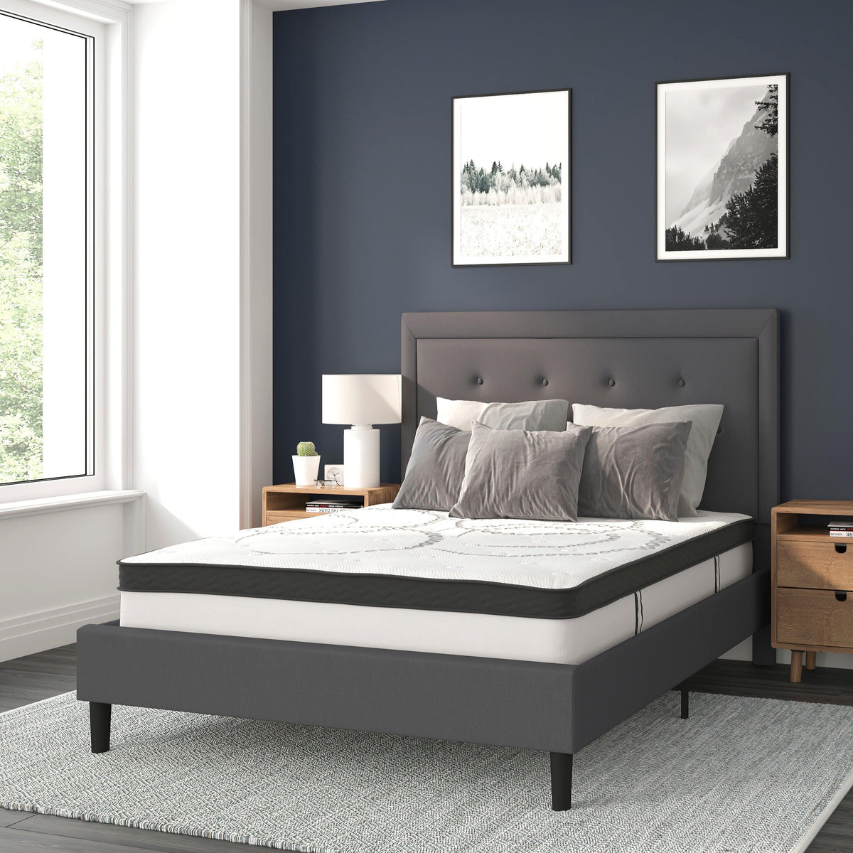 Dark Gray,Full |#| Full Tufted Platform Bed in Dark Gray Fabric with 10 Inch Pocket Spring Mattress