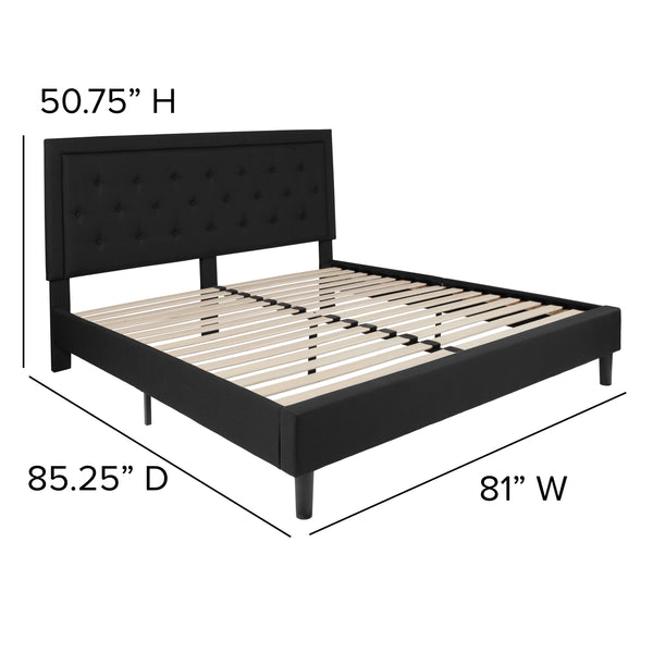 Black,King |#| King Tufted Platform Bed in Black Fabric with 10 Inch Pocket Spring Mattress