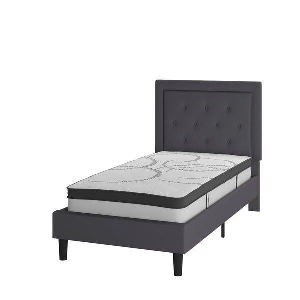 Dark Gray,Twin |#| Twin Tufted Platform Bed in Dark Gray Fabric with 10 Inch Pocket Spring Mattress