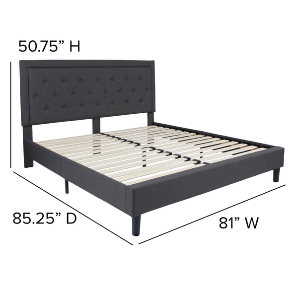 Dark Gray,King |#| King Tufted Platform Bed in Dark Gray Fabric with 10 Inch Pocket Spring Mattress