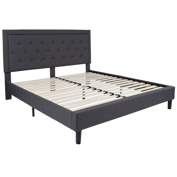 Dark Gray,King |#| King Tufted Platform Bed in Dark Gray Fabric with 10 Inch Pocket Spring Mattress