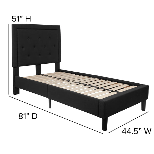 Black,Twin |#| Twin Tufted Platform Bed in Black Fabric with 10 Inch Pocket Spring Mattress