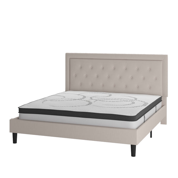 Beige,King |#| King Tufted Platform Bed in Beige Fabric with 10 Inch Pocket Spring Mattress