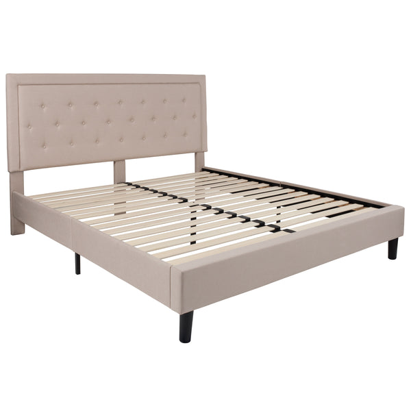 Beige,King |#| King Tufted Platform Bed in Beige Fabric with 10 Inch Pocket Spring Mattress